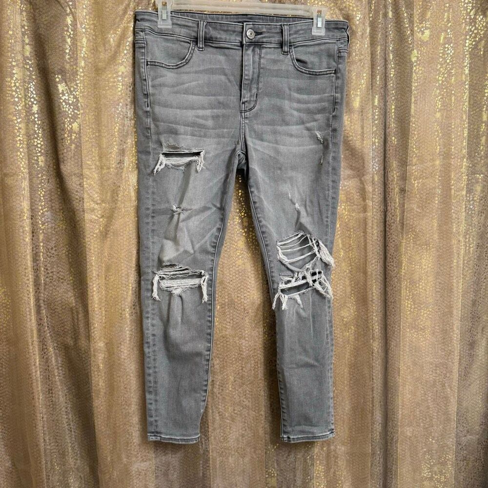 American‎ Eagle Stretchy Gray Ripped Distressed Skinny Jeans 14 Short